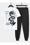 Dragon Beyaz T-shirt Siyah Eşofman Altı Jogger- Baskılı Alt Üst Eşofman Takım Oversize Bisiklet Yaka