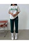 Valiri T-shirt Eşofman Altı Jogger- Yeşil Beyaz Baskılı Alt Üst Eşofman Takım Oversize Bisiklet Yaka