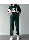 Usa T-shirt Eşofman Altı Jogger- Yeşil Baskılı Alt Üst Eşofman Takım Oversize Bisiklet Yaka