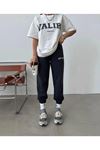 Valiri Beyaz T-shirt Siyah Eşofman Altı Jogger- Baskılı Alt Üst Eşofman Takım Oversize Bisiklet Yaka