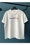Paris Çizgi Detay T-Shirt - Beyaz Baskılı Oversize Bisiklet Yaka Kısa Kol