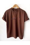 Paris Çizgi Detay T-Shirt - Kahverengi Baskılı Oversize Bisiklet Yaka Kısa Kol