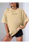 Let's Get Lost T-Shirt - Bej Baskılı Oversize Bisiklet Yaka Kısa Kol