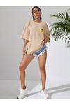 Emoji T-Shirt - Bej Baskılı Oversize Bisiklet Yaka Kısa Kol