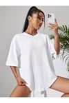 Basic Düz T-Shirt - Beyaz Oversize Bisiklet Yaka Kısa Kol