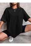 Düz Basic T-Shirt - Siyah Oversize Bisiklet Yaka Kısa Kol