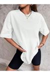 Düz Basic T-Shirt -Beyaz Oversize Bisiklet Yaka Kısa Kol
