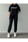 Essentials T-Shirt Eşofman Altı Jogger- Siyah Baskı Alt Üst Eşofman Takımı Oversize Bisiklet Yaka