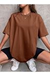 Düz Basic T-Shirt - Kahverengi Oversize Bisiklet Yaka Kısa Kol