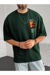 Beach Logo T-Shirt - Yeşil Baskılı Oversize Bisiklet Yaka Kısa Kol