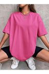 Düz Basic T-Shirt - Pembe Oversize Bisiklet Yaka Kısa Kol