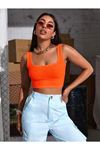 Askılı Fitilli Crop Top Bluz - Turuncu