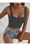 Askılı Fitilli Crop Top Bluz - Füme