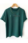 Paris Çizgi Detay T-Shirt - Yeşil Baskılı Oversize Bisiklet Yaka Kısa Kol