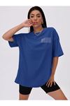 Alfabe T-Shirt - Saks Mavisi Baskılı Oversize Bisiklet Yaka Kısa Kol