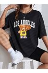 Basketball Bear T-Shirt - Siyah Baskılı Oversize Bisiklet Yaka Kısa Kol