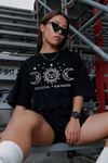Celestial Moon T-shirt - Siyah Baskılı Oversize Bisiklet Yaka Kısa Kol Tişört