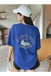 Beatiful Castle T-Shirt - Sax Mavi Baskılı Oversize Bisiklet Yaka Kısa Kol