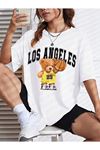 Basketball Bear T-Shirt - Beyaz Baskılı Oversize Bisiklet Yaka Kısa Kol