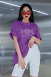 Celestial Moon T-shirt - Mor Baskılı Oversize Bisiklet Yaka Kısa Kol Tişört