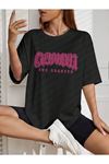 California Letter T-shirt - Siyah Baskılı Oversize Bisiklet Yaka Kısa Kol Tişört
