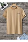 Kuş Logo Minimal T-shirt - Vizon Oversize Baskılı Bisiklet Yaka