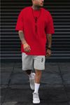 Dikey T-shirt Şort - Kırmızı Gri Alt Üst Kombin Şort Tişört Takım Baskılı Oversize Bisiklet Yaka