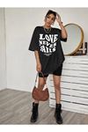 Love Neverfails T-shirt - Siyah Baskılı Oversize Bisiklet Yaka Kısa Kol Tişört