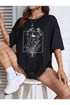 Floral Desen T-shirt - Siyah Baskılı Oversize Bisiklet Yaka Kısa Kol Tişört