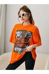 Ayıcık Los Angeles T-shirt - Turuncu Baskılı Oversize Bisiklet Yaka Kısa Kol Tişört