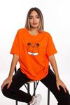 Garfield T-shirt - Turuncu Baskılı Oversize Bisiklet Yaka Kısa Kol Tişört