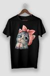 Oversize Siyah Sevimli Minik Kedi Baskılı T-shirt Unisex Rahat Kalıp