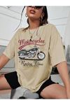 Unisex Vizon Pamuklu Oversize T-shirt Motorsiklet Baskılı