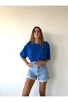 Unisex Saks Mavisi Pamuklu Oversize T-shirt - Bisiklet Yaka
