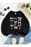 Renkli Fiyonk Baskılı Pamuklu Çocuk Sweatshirt - Siyah Baskılı Kız Erkek Çocuk Kışlık Bisiklet Yaka