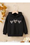 Leoparlı Kalp Baskılı Pamuklu Çocuk Sweatshirt - Siyah Baskılı Kız Erkek Çocuk Kışlık Kapüşonlu