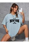 Newyork 1968 Young Süprem T-Shirt - Bebe Mavisi Baskılı Oversize Bisiklet Yaka Kısa Kol Tişört