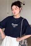 Thousand Süprem T-Shirt - Lacivert Baskılı Oversize Bisiklet Yaka Kısa Kol Tişört