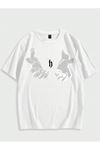 Erkek El Baskı Oversize Beyaz Baskılı T-shirt - Bisiklet Yaka Kısa Kol Rahat Kalıp Tişört