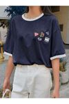 Uncool Parçalı Süprem T-Shirt - Beyaz Lacivert Oversize Bisiklet Yaka Kısa Kol Tişört