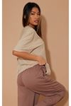 Düz Süprem T-Shirt - Bej Oversize Bisiklet Yaka Kısa Kol Tişört
