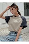 Vocation Parçalı Süprem T-Shirt - Bej Füme Baskılı Oversize Bisiklet Yaka Kısa Kol Tişört