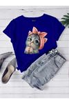 Oversize Saks Mavi Sevimli Minik Kedi Baskılı T-shirt Unisex Rahat Kalıp