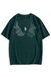 Erkek El Baskı Oversize Nefti Yeşil Baskılı T-shirt - Bisiklet Yaka Kısa Kol Rahat Kalıp Tişört
