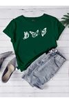 Uçan Kelebekler Süprem T-Shirt - Nefti Yeşil Baskılı Oversize Bisiklet Yaka Kısa Kol Tişört