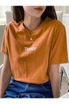 Trendy Oversize Turuncu Baskılı T-shirt Unisex Rahat Kalıp - Bisiklet Yaka Kısa Kol Tişört