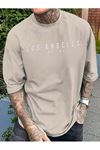 Los Angeles Downtown Süprem T-Shirt - Bej Baskılı Oversize Bisiklet Yaka Kısa Kol Tişört