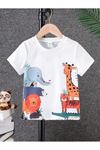 Hayvanlar Pamuklu Çocuk T-Shirt- Beyaz Baskılı Kız Erkek Çocuk Yazlık Bisiklet Yaka Tişört