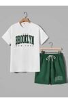 Brooklyn New York 1898 Alt Üst Baskılı Beyaz T-shirt Nefti Yeşil Şort Takım Oversize Unisex