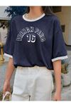 French Paris Parçalı Süprem T-Shirt - Lacivert  Oversize Bisiklet Yaka Kısa Kol Tişört